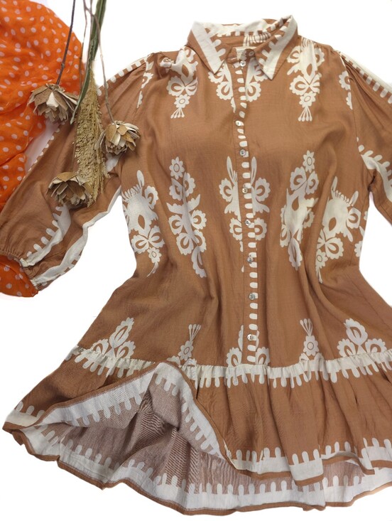 Umgee Dresses & Skirts - Umgee Camel Cream Floral Print Button-Front Women’s Dress Sz L